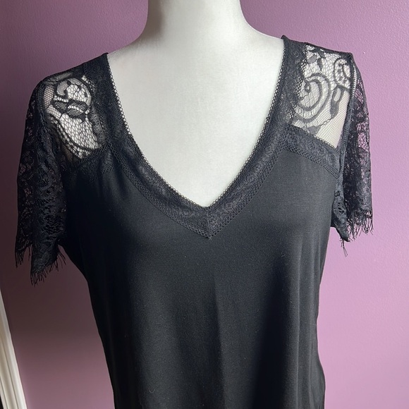 New Lace V Neck Short sleeve top blouse lace black size large - Picture 3 of 6